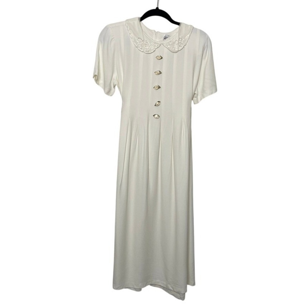 J.B.S Vintage Dress Womens 12P Ivory Lace‎ Collar Rose Buttons Cottagecore
